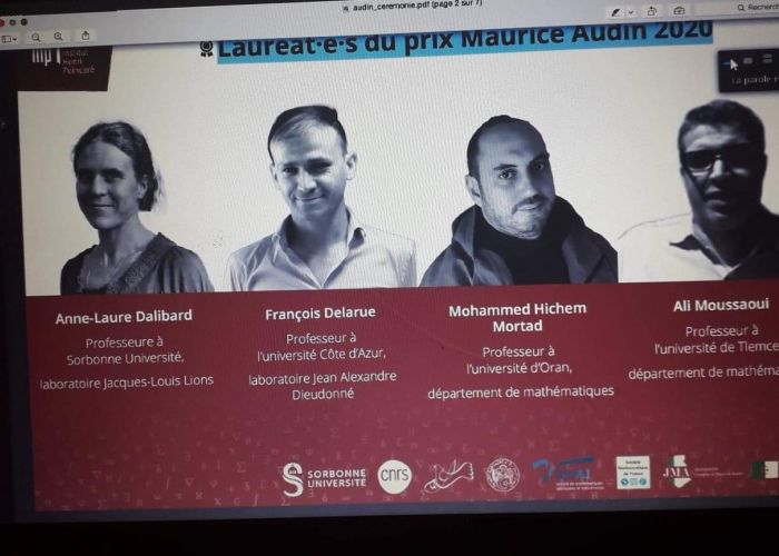 Le prix Maurice Audin 2020 de mathématiques attribué à Mohammed Hichem Mortad, Ali Moussaoui, Anne-Laure Dalibard et François Delarue 