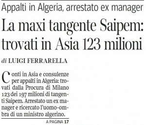Saipem/Sonatrach : 123 des 197 millions d'euros de pots de vin localisés en Asie 