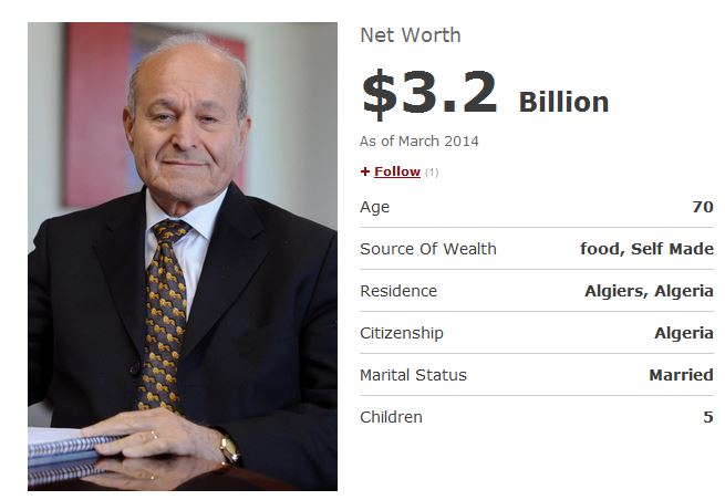 Rebrab, avec une fortune de 3,2 milliards de dollars, sur la liste des milliardaires de Forbes 