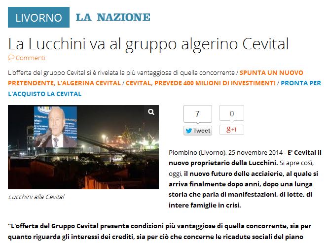 Vente des actifs de l’aciérie italienne Lucchini : L'offre de CEVITAL retenue 