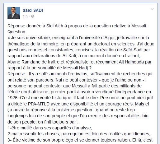Ce que Said Sadi a dit de Hadj Messali et Ali Kafi à Béjaia