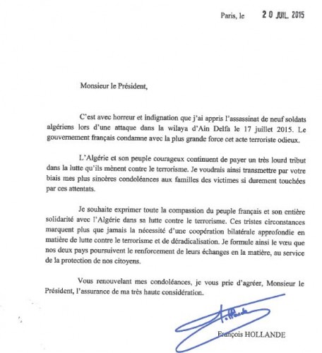 Attentat de Ain Defla : Les condoléances de François Hollande
