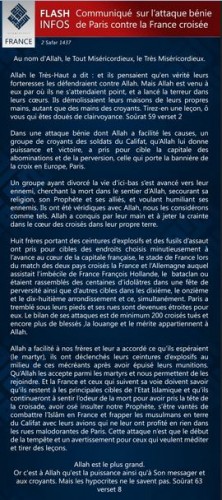 L'Etat Islamique revendique les attaques terroristes de Paris dans un message en français et en arabe
